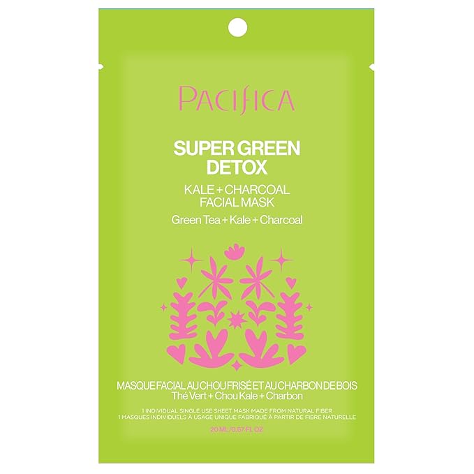 Pacifica Super Green Detox Sheet Mask – Charcoal, Kale & Clay Pore Cleansing Mask for Oily, Blemish-Prone Skin, Deep Detox Facial Mask, Vegan