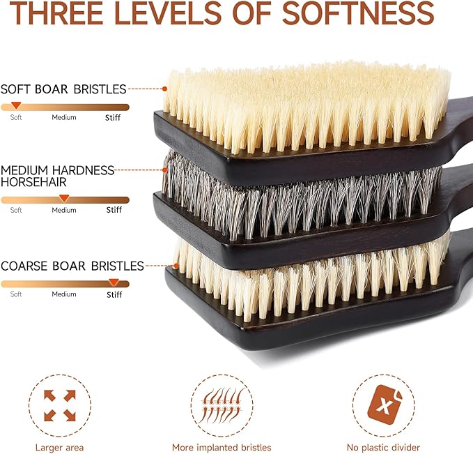 Back Scrubber Shower Brush,Dry Brushing Body Brush with 17.7 Inch Curved Long Handle, Natural Bristles for Lymphatic Drainage, Soft & Stiff Bristles Available (Soft-Fine Boar Bristles)