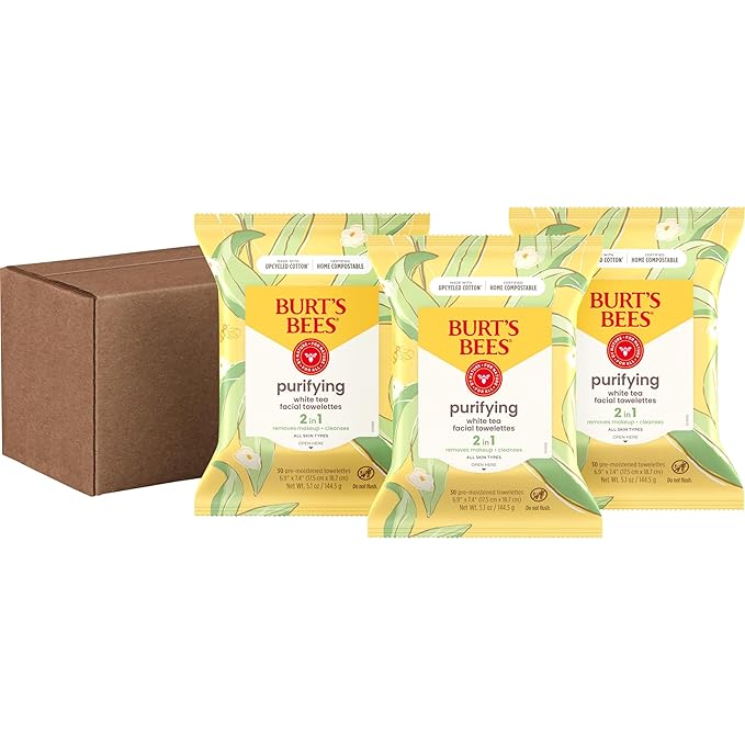 Burt's Bees White Tea Face Wipes, for All Skin Types, Hydrating Makeup Remover & Facial Cleansing Towelettes, 30 Ct. (3-Pack)