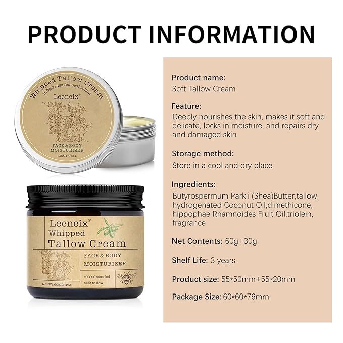 2PC Grass-Fed Beef Tallow for Skin,Tallow Face Moisturizer All-Natural Skin Care,Beef Tallow for Body & Face Moisturizer(Eucalyptus,2.12+1.06Oz)