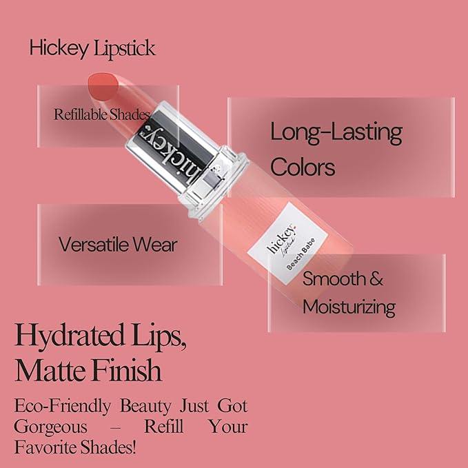 Hickey Lipstick for Women, Organic Beach Babe Coral Lipstick Refill - Hydrating & Moisturizing Long Lasting Lipstick - Vegan & Gluten-Free with Velvet Finish - Highly Pigmented, Smooth & Creamy Makeup