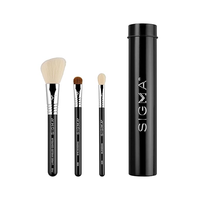 Sigma Beauty Travel Essential Trio - Makeup Brush Set for Foundation Powder Eyeshadow - 3 Tool Brushes with Brush Tin Holder - Skin Safe, Vegan Makeup Brushes for Travel - Black