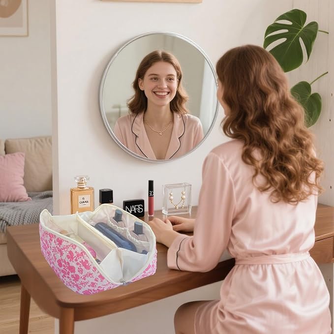 Pink Large Quilted Floral Makeup Bag Cute Coquette Aesthetic Cosmetic Bag Open Flat Travel Toiletry Make up Bag for Women