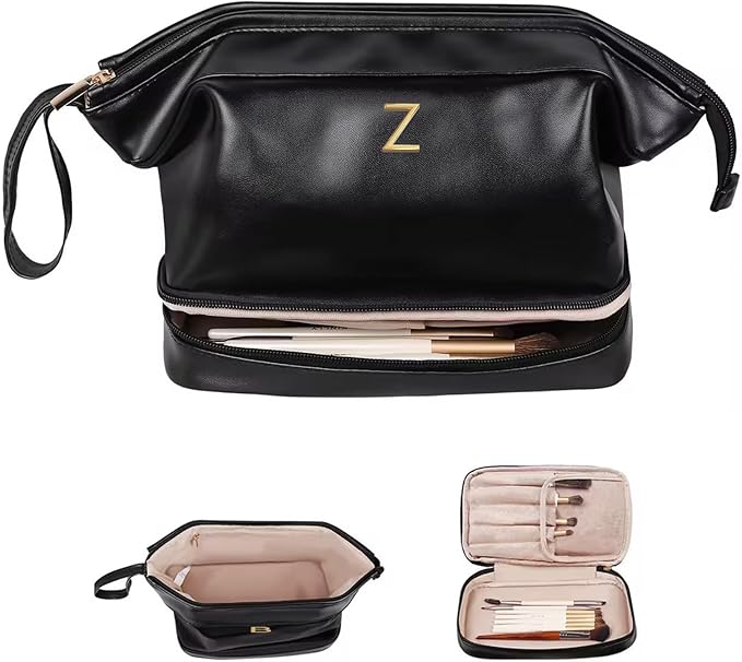 Birthday Gifts for Girls, Initial Large Makeup Bags, Personalized Double Layer Cosmetic Bag with Makeup Brush Organizer,Toiletry Bag, Gifts for Women Girlfriend Friends Female Mom Sister