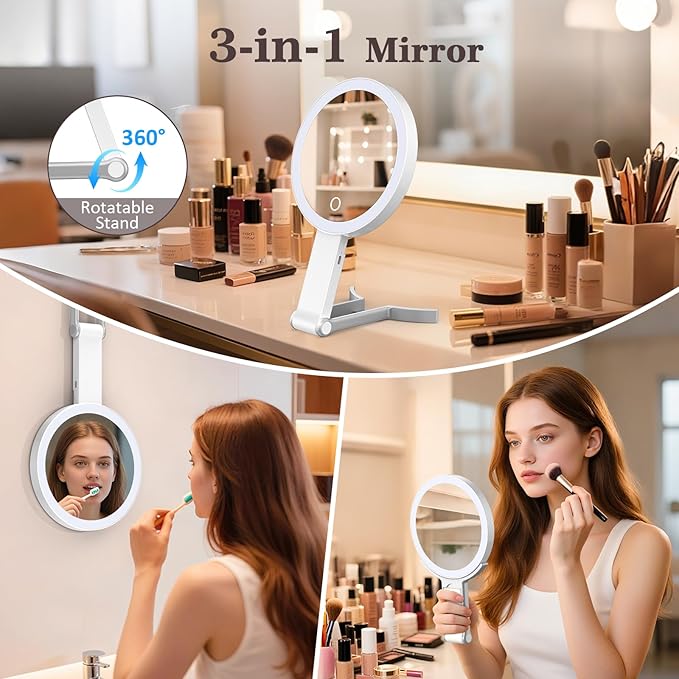 Travel Makeup Mirror with 3 Color Lights, 15X/1X Double Sided Lighted Magnifying Mirror, Portable Handheld Mirror, 3 in 1 Tabletop/Handheld/Hanging, Ideal Gift for Women in Home, Office, Trip, White