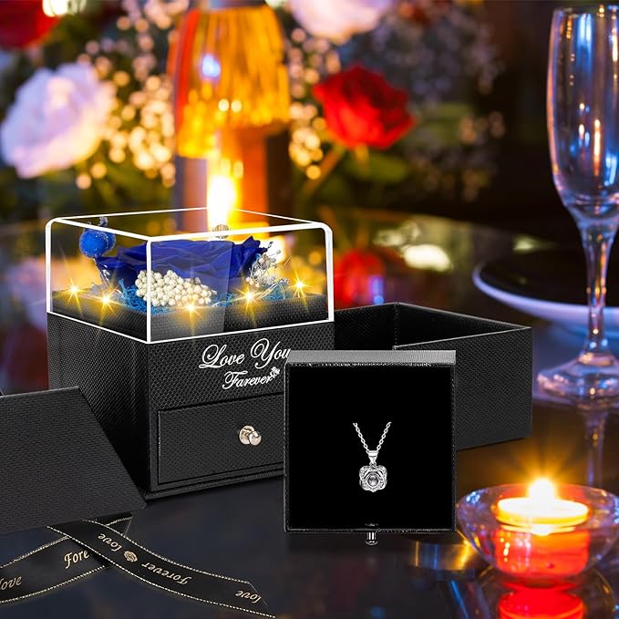 Preserved Blue Real Rose -Eternal Flowers Rose Birthday Gifts for Her Mom Wife Girlfriend Grandma on Valentines Mothers Day Christmas Anniversary Romantic-Blue