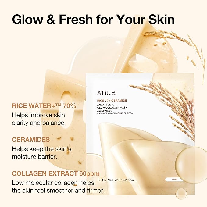 ANUA Rice 70 Glow Collagen Mask, Overnight Face Mask for Glass Skin, Ceramide, Collagen Facial Mask, Skin Moisture Barrier, Tightening Care, Natural Color, Korean Skin Care (38g, 4ea)