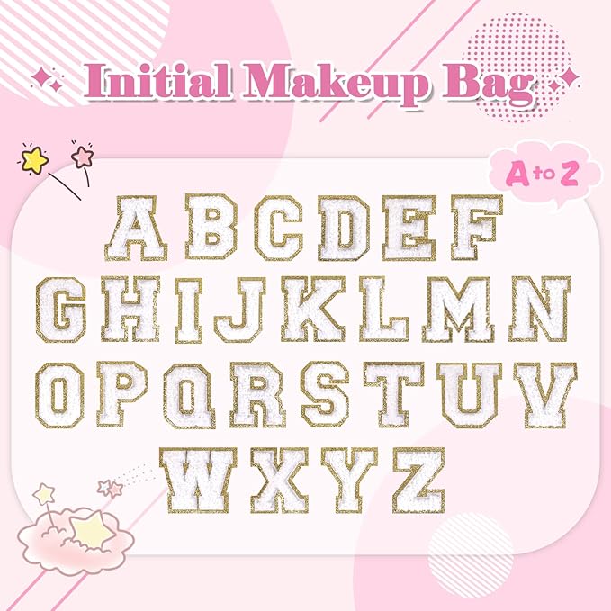 Small Personalized Initial A-Z Preppy Patch Makeup Bag,White PU Chenille Letter Travel Cosmetic Pouch with Zipper,Cute Toiletry Bag,Gift Ideal for Teen Girls Women Teacher Bridesmaid,Letter A