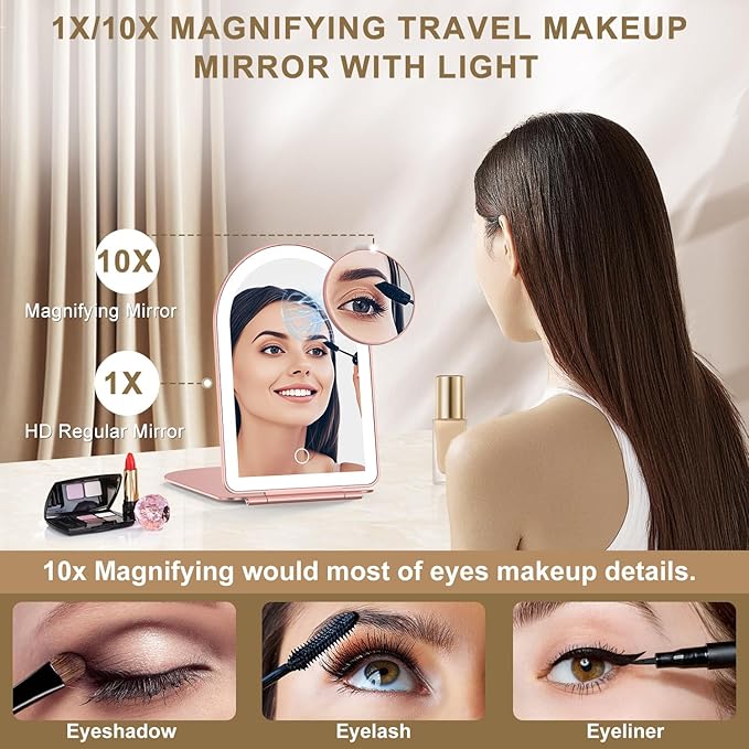 Mocado Travel Makeup Mirror with Light, 1x/10x Magnifying Mirror with Light, 3 Colors Lighted Magnifying Mirror, 2000mAh Rechargeable Lighted Makeup Mirror, Memory Function (Arched-Rose Gold)