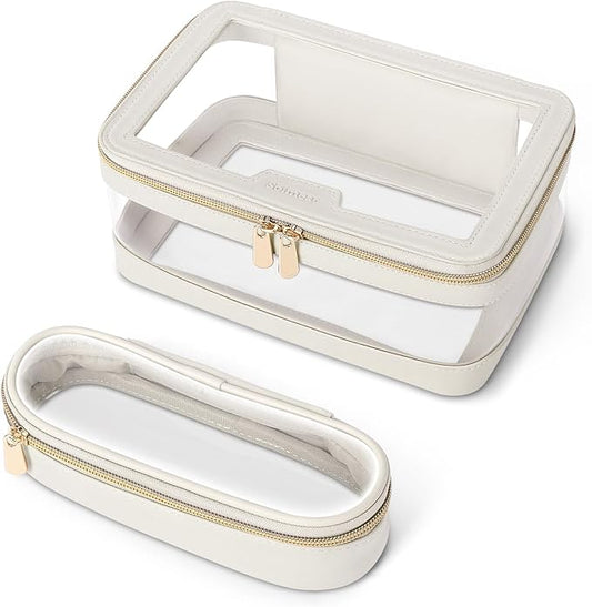 Travel Clear Makeup Bag with Makeup Brush Bag, Leather Makeup Case Toiletry Bag, Portable Cosmetic Bag Case, Transparent Waterproof Cosmetic Organizer Storage Bag for Women, Medium, Off-White