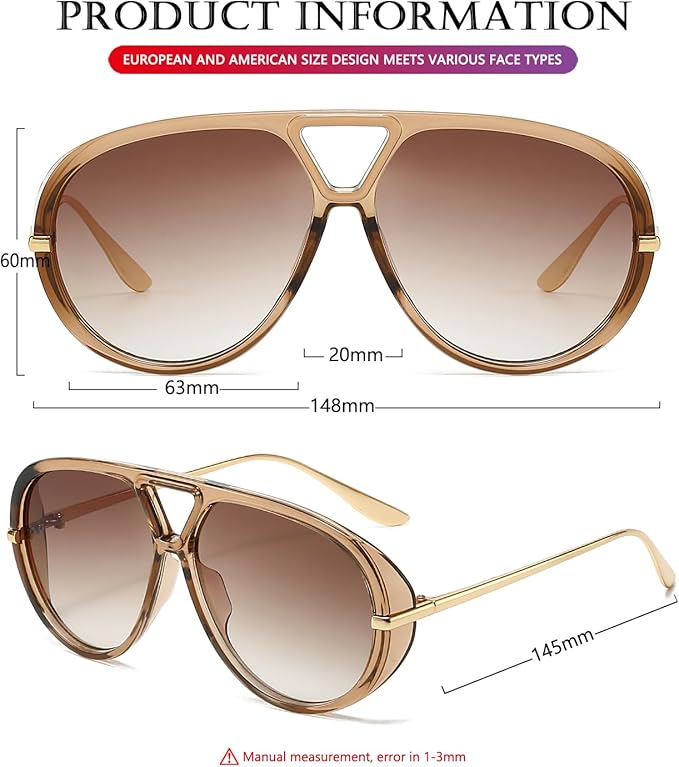 AIEYEZO Oversized Aviator Sunglasses Women Men Fashion Retro Big Frame Sun Glasses Designer Ladies Shades
