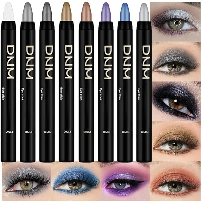 8Pcs Glitter Eye Shadow Sticks Liner Pencils Makeup, Pearl White Smokey Black Gray Silver Violet Purple Khaki Royal Blue Shimmer Glitter Eyeliner Pencil Cream Eyeshadow Palette Makeup for Older Women