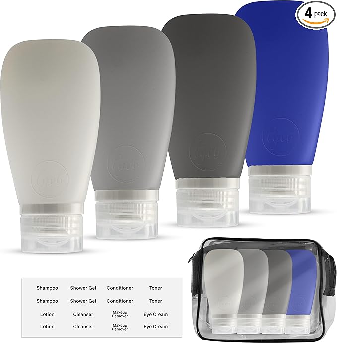 Travel Bottles for Toiletries, TSA Approved 3oz Leak Proof Silicone Refillable Squeeze Travel Size Containers BPA Free for Cleansers, Lotions, Shampoo, Conditioner 4pk With Bag(W,G,Blk,Bl)