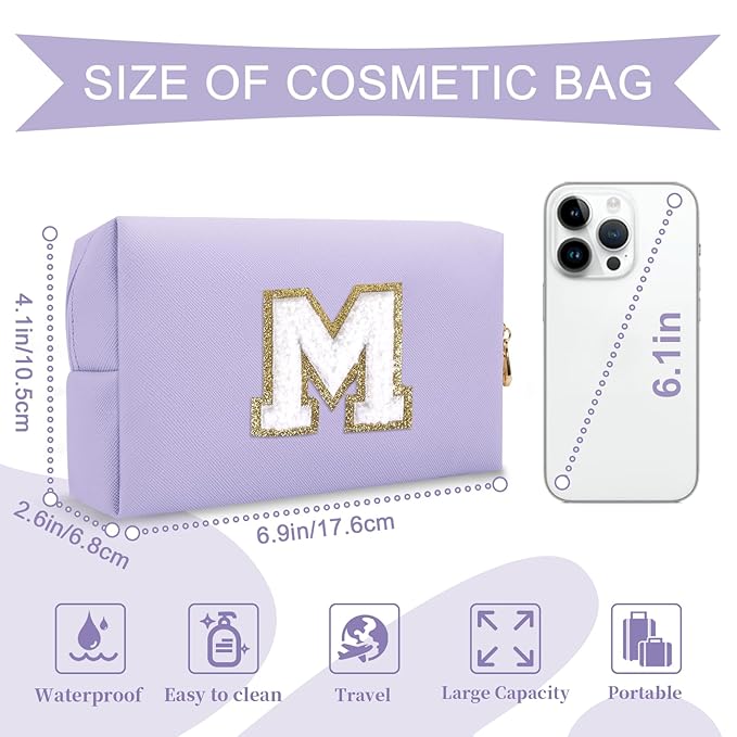 Personalized Makeup Bag Initial A-Z Preppy Patch Bag,Small PU Leather Travel Cosmetic Bag Pouch with Zipper,Purple Cute Toiletry Bag,Gift Ideal for Teen Girls Women Birthday Friend Mom,Latter M