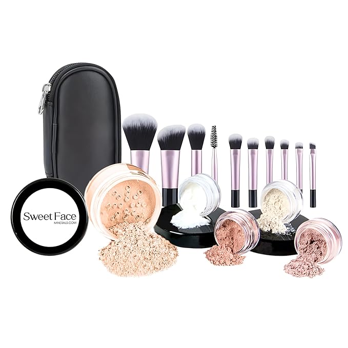 16pc Beginner Mineral Makeup STARTER KIT with 10 BRUSHES(5gm)Sample Size Foundation, Primer, Blush, Bronzer, Setting Powder for Learning, Occasional Use,First Time Users, Travel Size Kit(Pink Bisque)