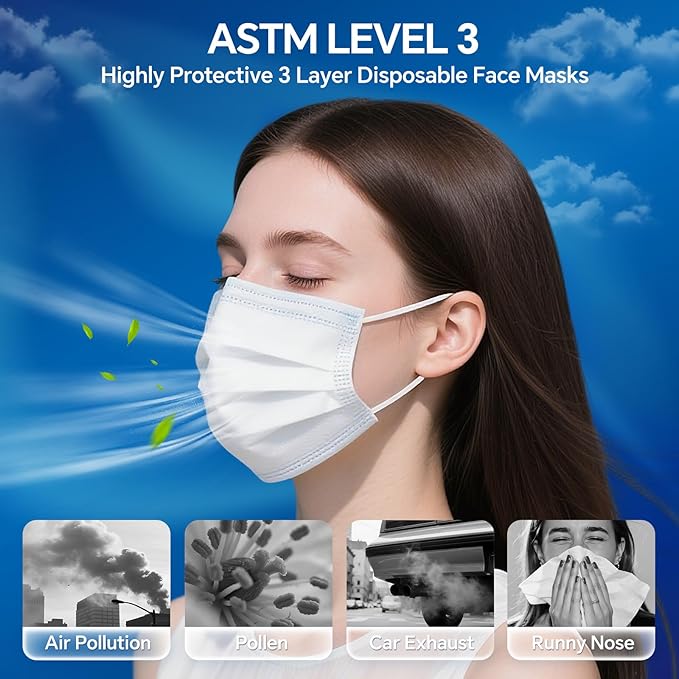 GTT ASTM Level 3 Highly Protective Disposable 3 Ply Face Masks with Individual Packaging, Breathable & Comfortable Mask