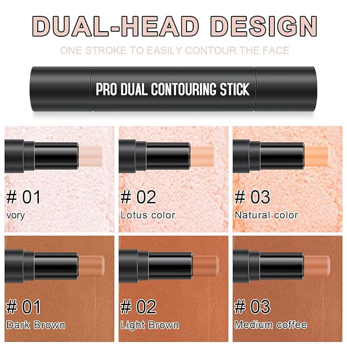 6 Colors Cream Contour Stick Makeup Kit, Shades with Highlighter Stick, Blush Stick and Bronzer Stick for Sculpt the Cheeks, Double-End Bronzer Stick, Waterproof,Dewy & Matte Finish (SET B)