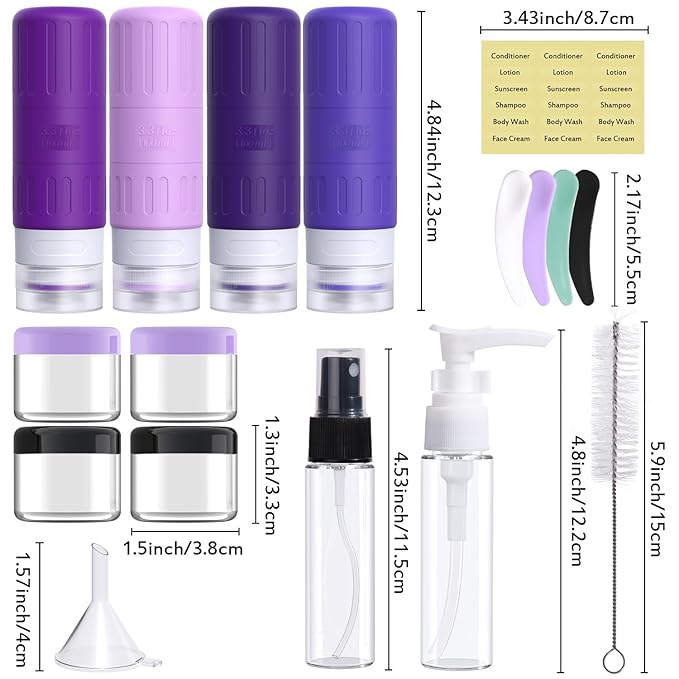 GLAMFIELDS Travel Bottles for Toiletries,TSA Approved 3.3oz Size LeakProof Silicone Toiletry Containers for Shampoo, Conditioner,Easy to Squeeze，Portable Travel Essentials for Lotion(18 Pack) Purple