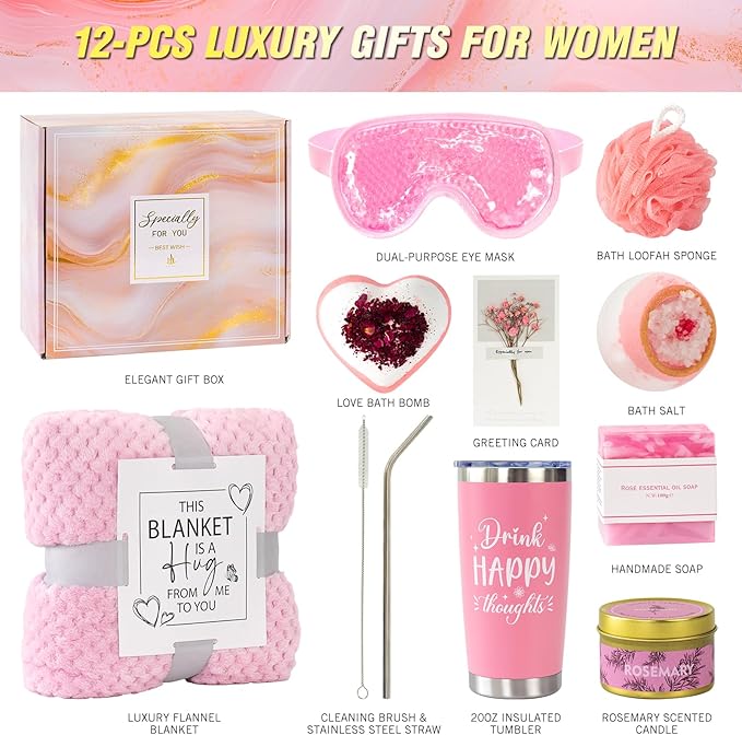 Happy Birthday Gifts for Women Her Friend , Self Care Gifts Get Well Gifts, Unique Relaxing Spa Gift Basket Set Care Package w/ Blanket , Christmas Gifts for Mom Wife Grandma Sister