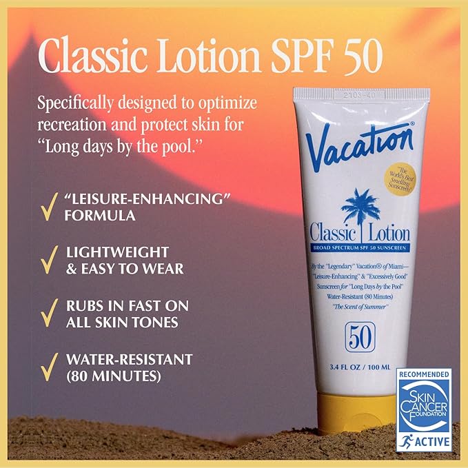 Vacation Classic Sunscreen Lotion SPF 50, Water-Resistant, Lightweight, Transparent on All Skin Tones, Dermatologist-Tested, Vegan, Travel Size, 3.4 Fl. Oz. (Value Pack of 3)