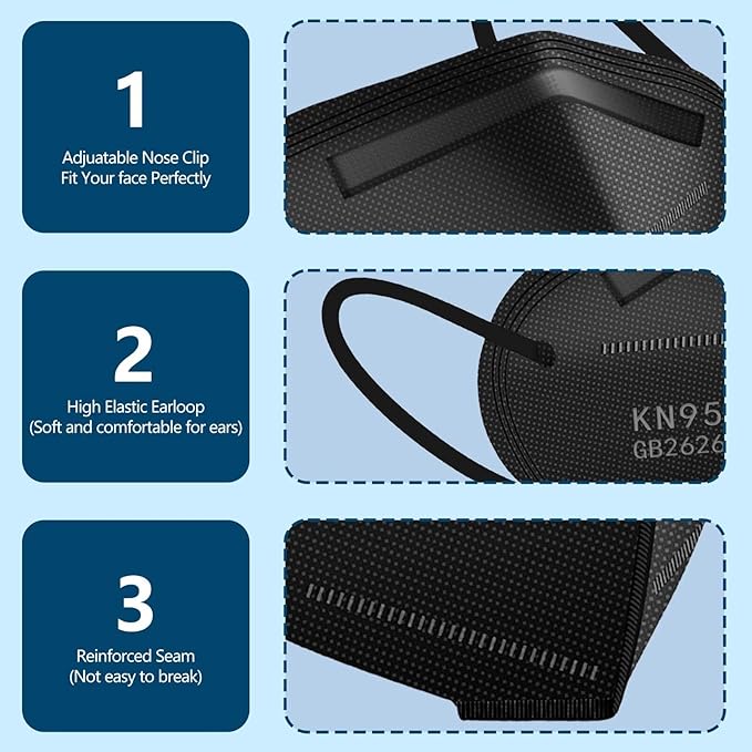 50PCS KN95 Face Masks Black 5 Layer Cup Dust Safety Filter Efficiency≥95% with Elastic Ear Loops and Nose Bridge Clip Breathable Mask