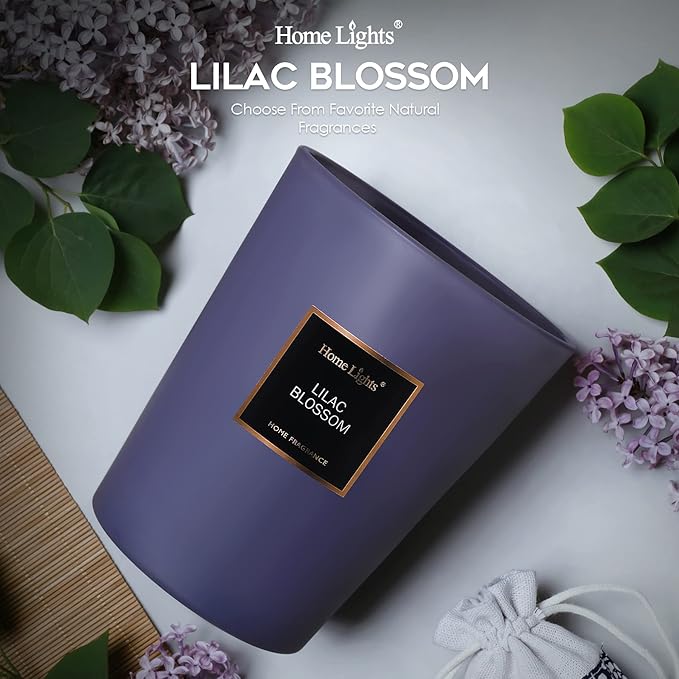 HomeLights Highly Scented Soy Candles Big 33.3 oz for Home. 3 Cotton Wicks, Smokeless Long Lasting 130 hrs in Lilac Blossom. 5x6, Great Gift for Women & Men