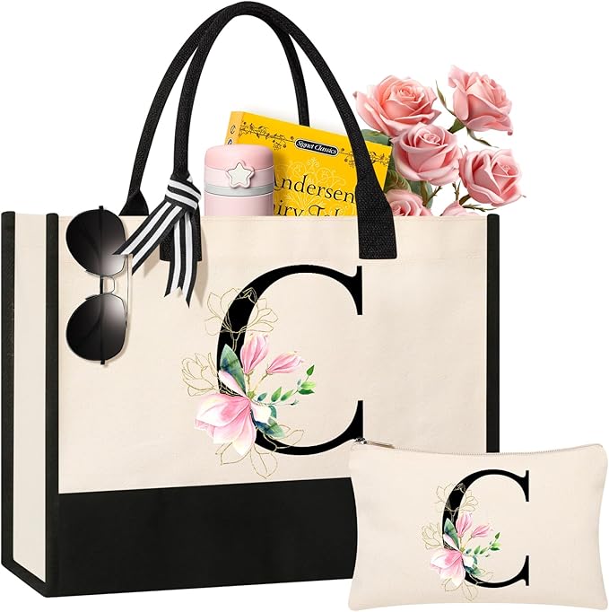 AYGE Personalized Initial Canvas Beach Tote, Monogrammed Gifts for Women, Makeup Bag, Birthday Gifts for Sister, Mom, Teacher, Bridesmaid (C)