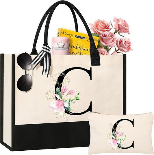 AYGE Personalized Initial Canvas Beach Tote, Monogrammed Gifts for Women, Makeup Bag, Birthday Gifts for Sister, Mom, Teacher, Bridesmaid (C)