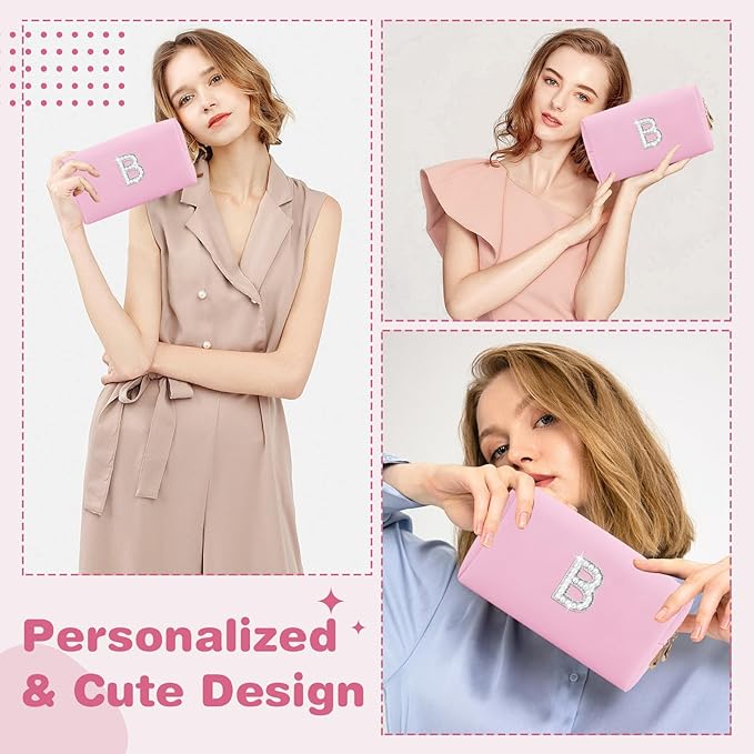 ChaoGreat Bride Gifts – Personalized Initial Makeup Bag with Pearl Rhinestone Patch, Preppy Pink Monogram Cosmetic/Toiletry Pouch, bridesmaid Gifts, Bridal Shower Gifts, Wedding Gifts, Bridal Gifts,B