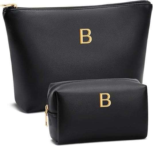 Women Gifts | Initial Makeup Bag Set for Girl Personalized Gifts for Bridesmaid Friend Graduation Teachers PU Leather Cosmetic Travel Toiletry Bag(Black,B)