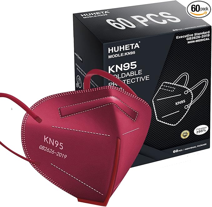 HUHETA KN95 Face Mask 60 PCs, 5-Ply Safety Masks for Men and Women, Filter Efficiency Over 95% (Red Mask)
