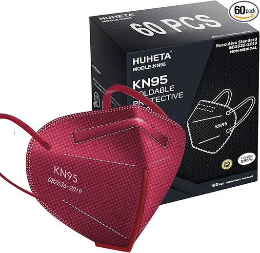 HUHETA KN95 Face Mask 60 PCs, 5-Ply Safety Masks for Men and Women, Filter Efficiency Over 95% (Red Mask)