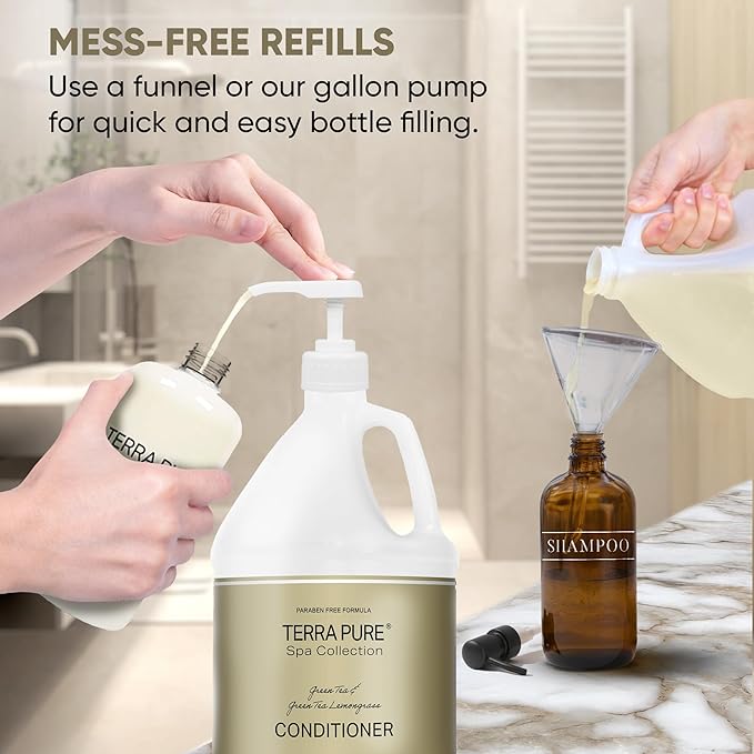 Spa Collection Gallon & Dispenser Set | 1-Shoppe Amenities Kit | Shampoo, Conditioner, Body Wash | Refillable 10.14 oz Pump Bottles