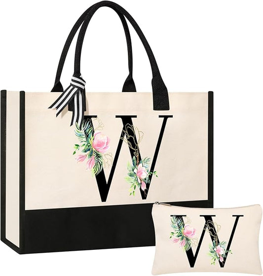 AYGE Personalized Initial Canvas Beach Tote, Monogrammed Gifts for Women, Makeup Bag, Birthday Gifts for Sister, Mom, Teacher, Bridesmaid