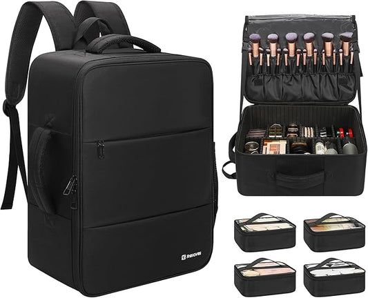Relavel Makeup Backpack Extra Large Travel Train Case Professional Makeup Artist Kit Set Bag with 4 Clear Bags, Brush Storage Organizer Box with Dividers for Cosmetic Hair Tools Barber Supplies, Black