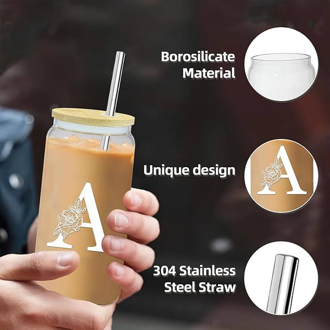 Birthday Gifts for Women,Initial Canvas Tote Bag,Initial Gift for Women,16oz Initial Glass Cup,Initial Makeup Bag with Zipper,Jewelry Organizer Box,Personalized Gifts for Mom-A