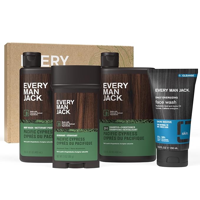 Every Man Jack Men’s Pacific Cypress Bath and Body Gift Set - Clean Ingredients & Conifer Branches, Sea Salt, and Citrus Scent - Body Wash, 2-in-1 Shampoo, Deodorant & Face Wash