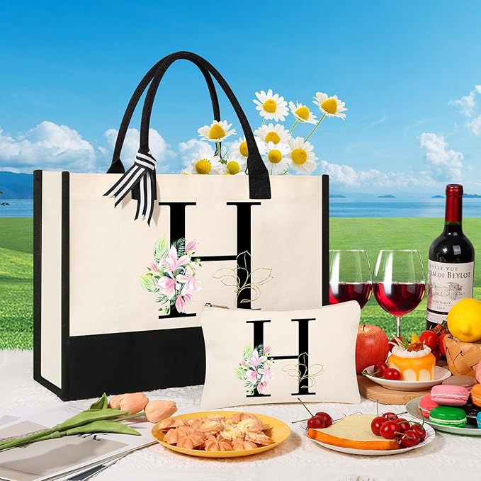 AYGE Personalized Initial Canvas Beach Tote, Monogrammed Gifts for Women, Makeup Bag, Birthday Gifts for Sister, Mom, Teacher, Bridesmaid