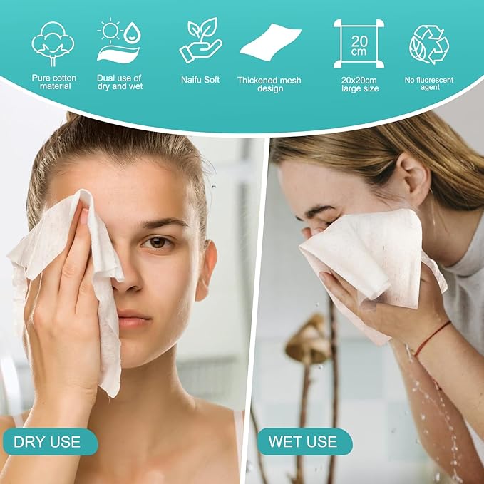 Disposable Face Towel Soft and Thick Cotton Dry Wipes Facial Cloths for Washing and Drying Double-sided Makeup Remover Dry Wipes for Cleansing, Skincare and Makeup Remover (pack of 2)