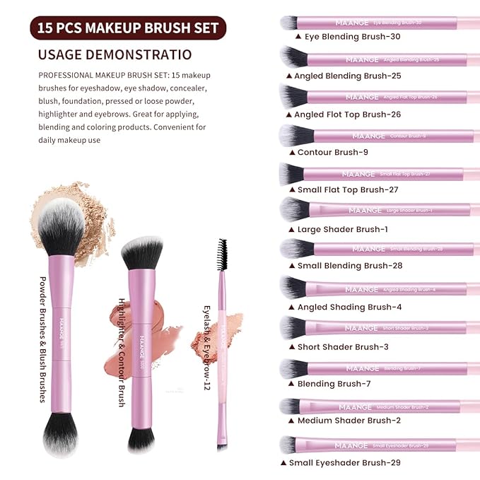 MAANGE 15 PCS Makeup Brushes Double-ended Makeup Brush Set Double Sided Angled/Round Top Brush Foundation Contour Blending Eyebrow Eyeshadow Concealer (Pink)