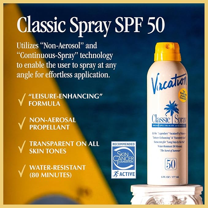 Vacation Classic Sunscreen Spray SPF 50, Water-Resistant, Lightweight, Transparent on All Skin Tones, Dermatologist-Tested, Vegan, 6 Fl. Oz. (Value Pack of 3)