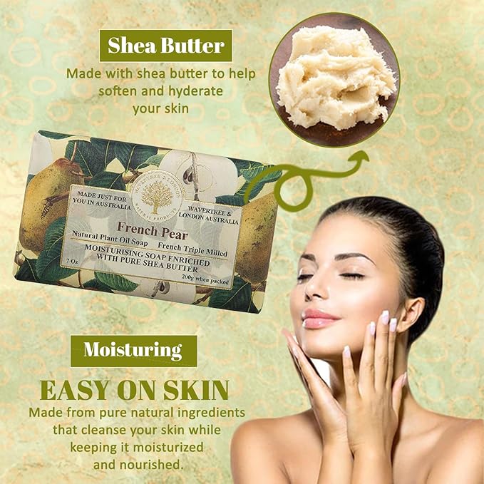 Wavertree & London French Pear Scented Natural Soap (2 Bars), 7oz Moisturizing French Triple Milled Soap Bars enriched with shea butter - Pure Plant Based Bath & Body Bars for All Skin Types