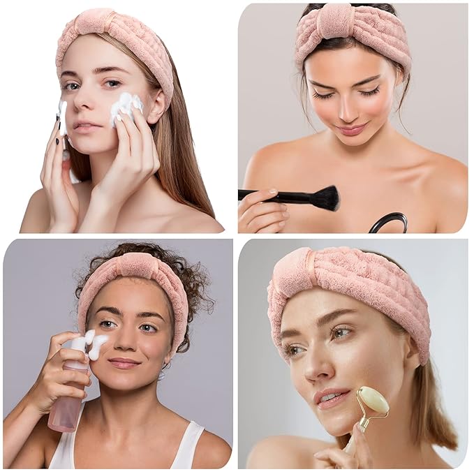 WILLBOND 4 Pack Microfiber Headbands Spa Facial Headbands Makeup Head bands Elastic Terry Cloth Head Wrap for Women Girls Washing Face Makeup Shower Yoga Sports(Pink)