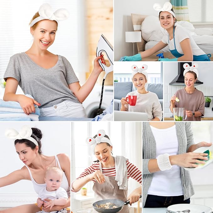 4Pack Headband and Wristband Set for Washing Face, Spa Skincare Makeup Headband, Soft Puffy Hair Band Bow Tie, for Women and Teen Girl Trendy Stuff Gifts