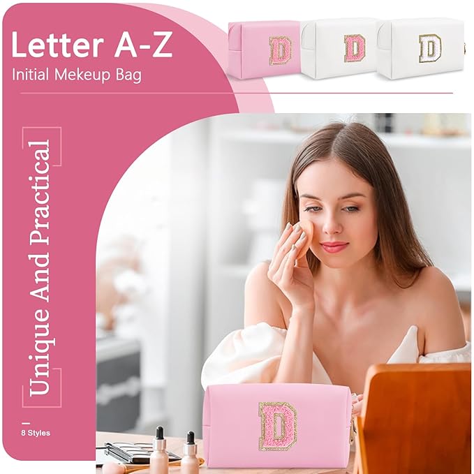 Personalized Initial A-Z Preppy Patch Makeup Bag,Small PU Leather Chenille Letter Cosmetic Bag with Zipper for Teen Girls,Pink Cute Travel Toiletry Bag,Birthday Monogrammed Gift for Daughter,Letter D