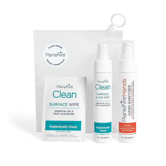 Travel Essentials | Hygiene Kit | Travel Toiletry Kit | Travel Size | Spray Hand Sanitizer Tangerine Coriander Scent | Surface Wipes | Individual Travel Wipes | Surface Cleaner | With Essential Oils