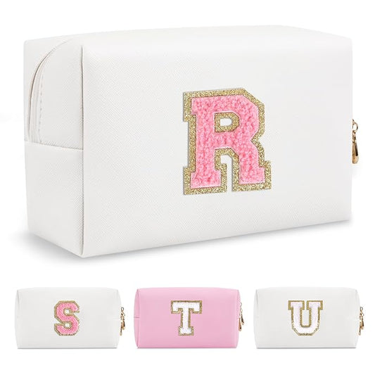 Personalized Makeup Bag Initial A-Z Preppy Patch Bag,Small PU Leather Travel Cosmetic Bag Pouch with Zipper,White Cute Toiletry Bag,Gift Ideal for Teen Girls Women Birthday Friend Mom,Letter R