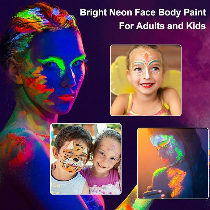 MEICOLY Glow Blacklight Face Body Paint Set,Neon Face Paint Kit,1.06x9oz/Box with Sponges,Blacklight Reactive Paints,Glow in the Dark Body Paint Neon Party Supplies,Neon Fluorescent Face Paint Makeup