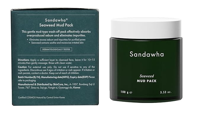 SanDaWha SKINCURE Vegan Seaweed Mud Mask, Korean skincare Blackhead Remover Clay Mask for Pore Cleansing with Kaolin & Bentonite, Oil Control & Gentle Exfoliation, 3.5oz