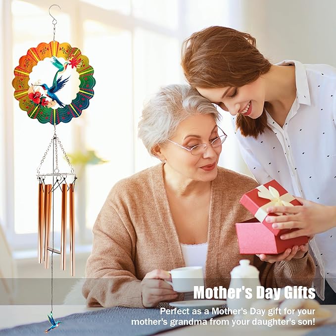 Wind Chimes with Hummingbird Wind Spinner, Mom Gifts for Christmas Grandma Mom Women Birthday Retirement Teacher, 31" Windchimes Outdoor Decor Hanging Mobile for Garden Porch Patio Backyard